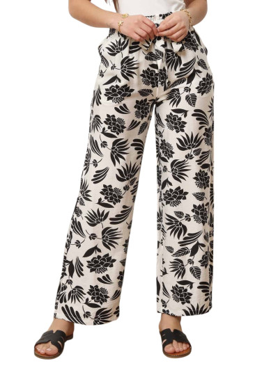 Pantalon ceinturé noir à motifs floraux