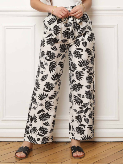 Pantalon ceinturé noir à motifs floraux