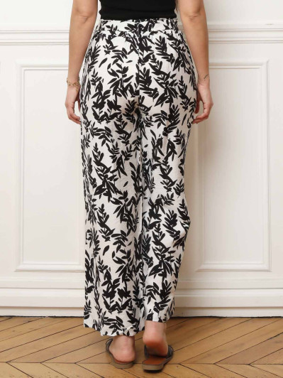 Pantalon ceinturé noir à motifs feuilles