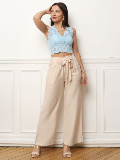 Pantalon fluide beige à ceinture