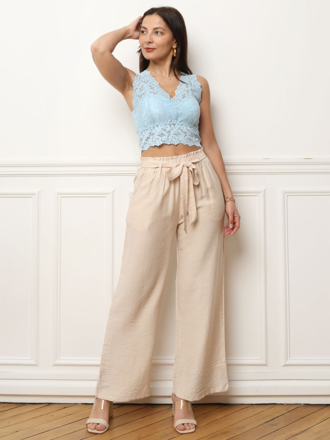 Pantalon fluide beige à ceinture