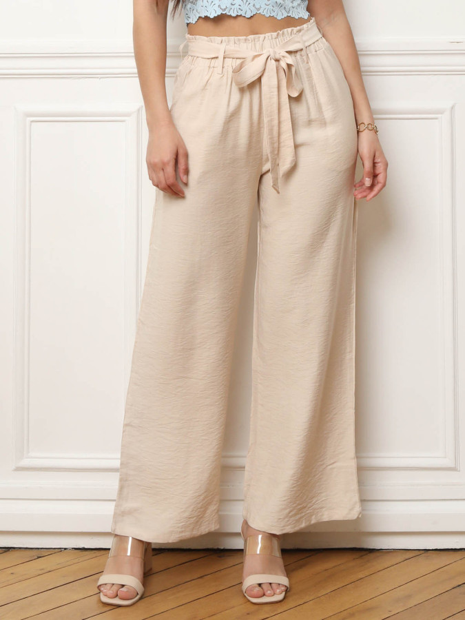 Pantalon fluide beige à ceinture