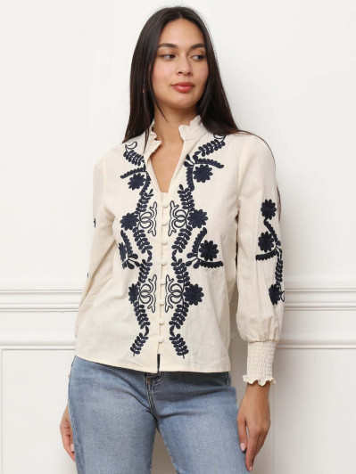 Chemisier brodé à manches bouffantes bleu