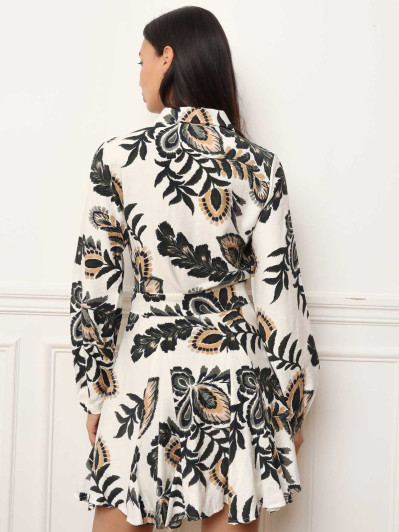 Robe chemise noire à volants et motifs feuilles
