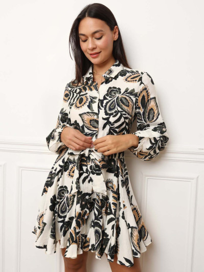 Robe chemise noire à volants et motifs feuilles