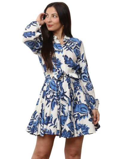 Robe chemise bleue à volants et motifs feuilles