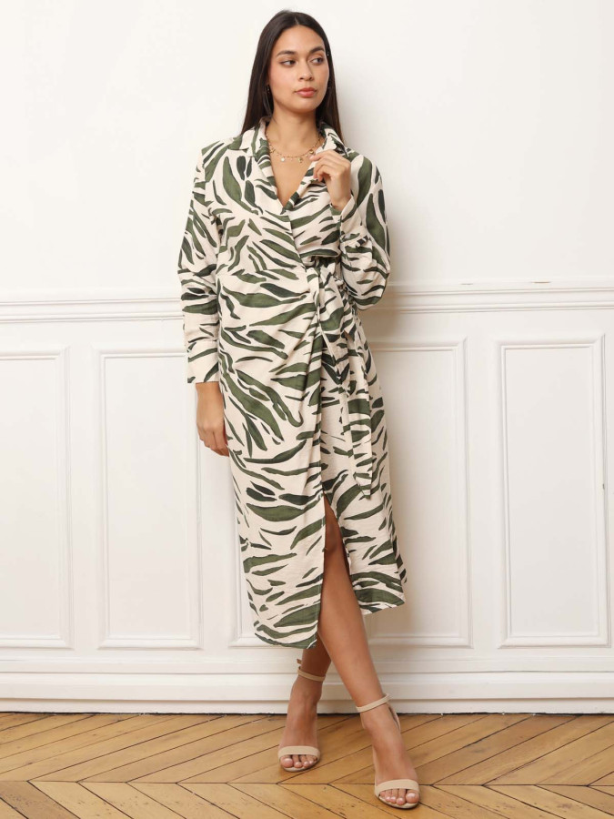Robe zébrée beige et verte style kimono