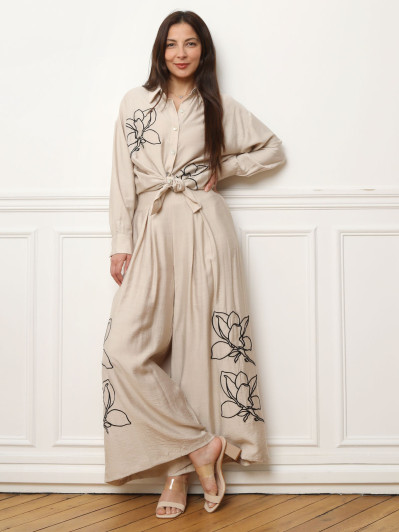 Pantalon palazzo beige à fleurs brodées