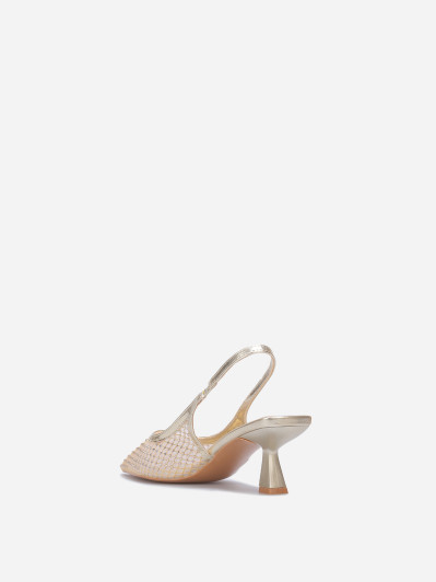 Escarpins slingback dorés résille à strass