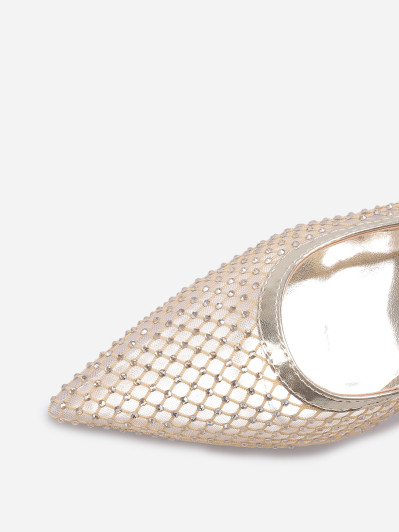 Escarpins slingback dorés résille à strass