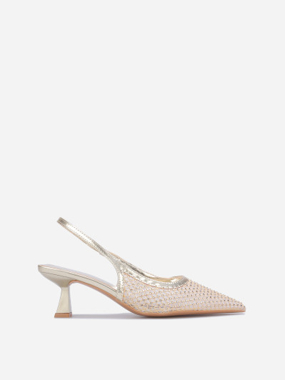 Escarpins slingback dorés résille à strass