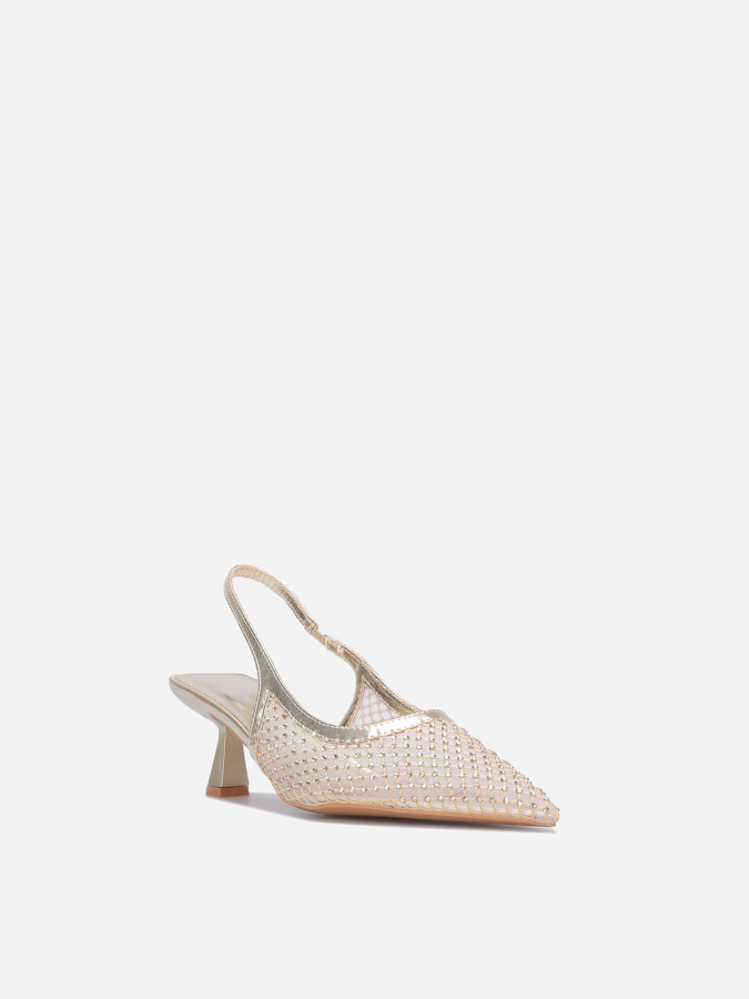 Escarpins slingback dorés résille à strass