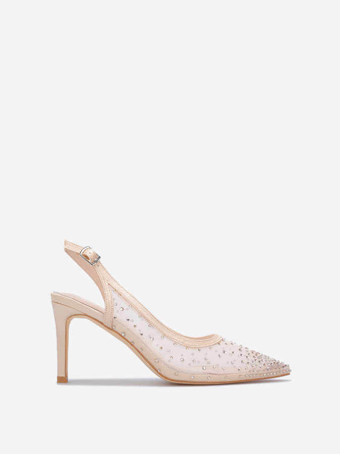 Escarpins slingback satinés à strass beiges