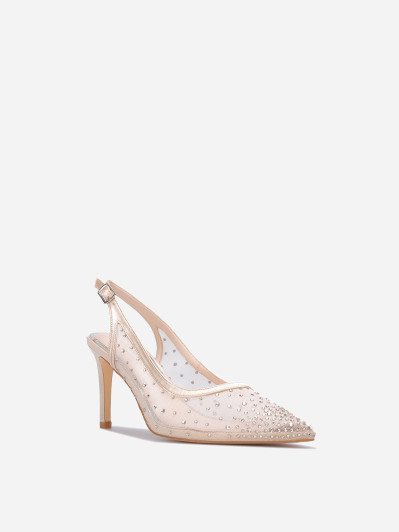 Escarpins slingback satinés à strass beiges