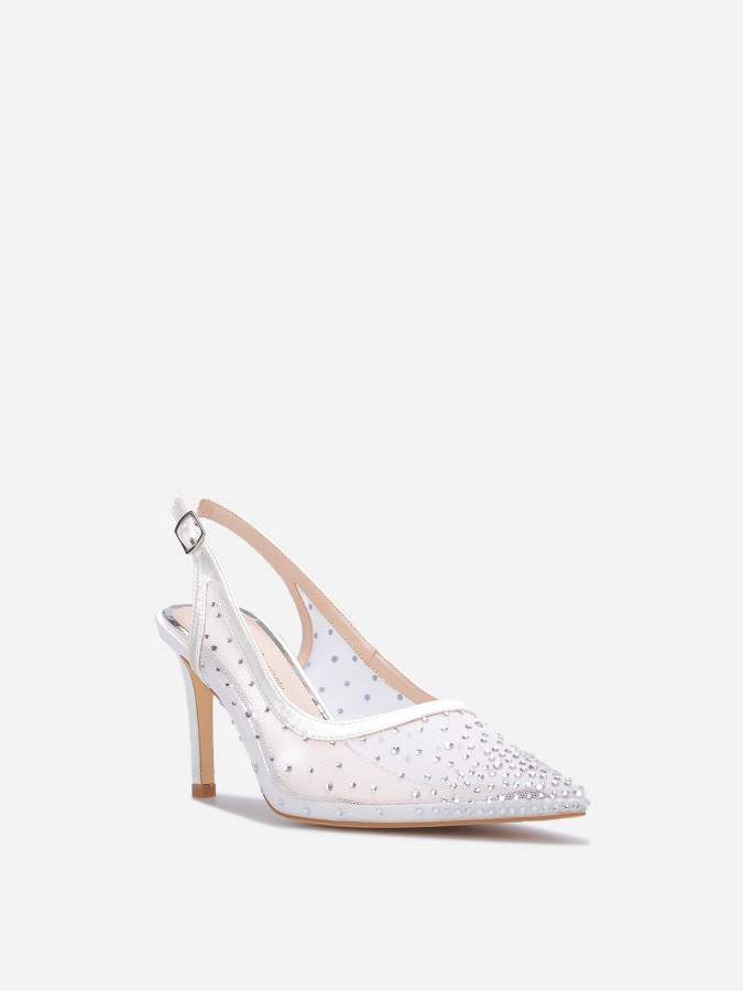 Escarpins slingback satinés à strass blancs