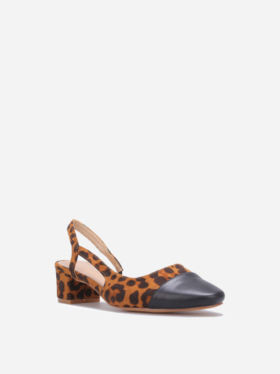 Slingback bi-matière en suédine léopard à talon carré