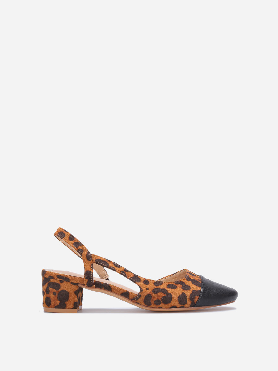 Slingback bi-matière en suédine léopard à talon carré