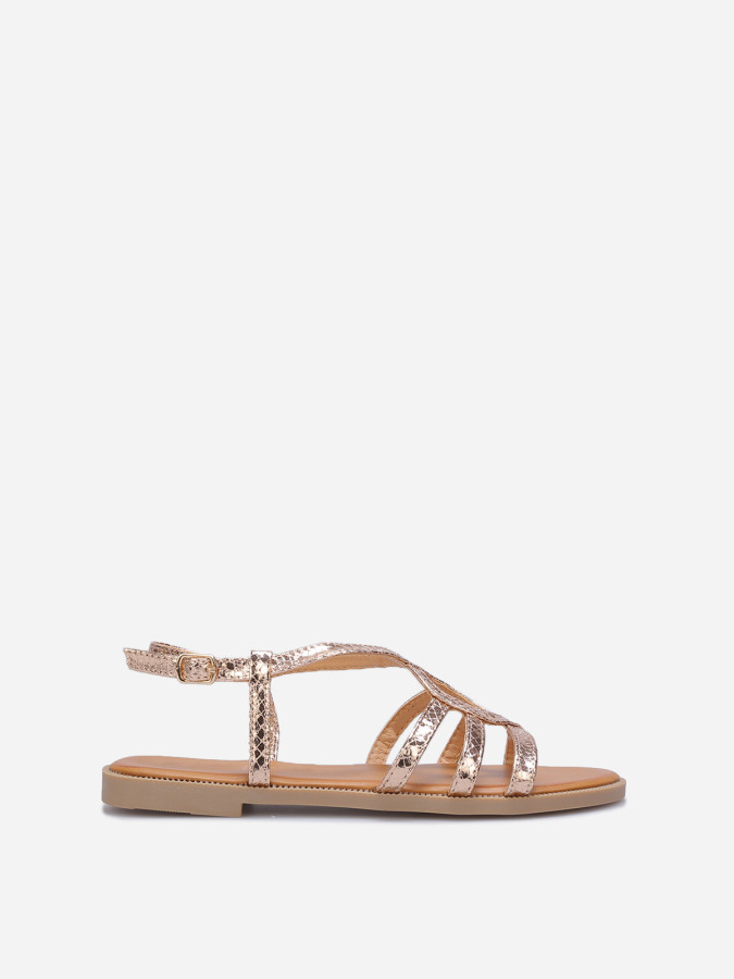 Sandales plates dorées roses à brides croisées