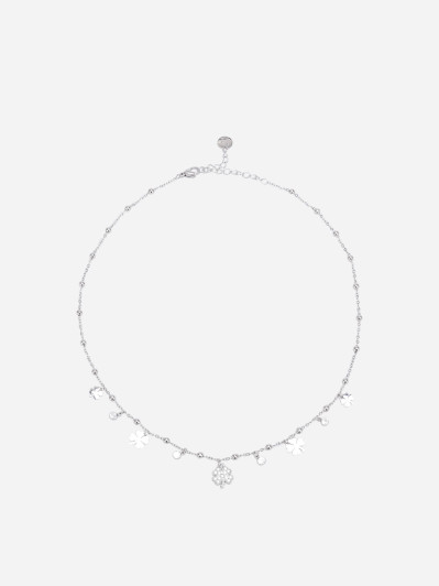 Collier ras du cou à strass et trèfles argenté