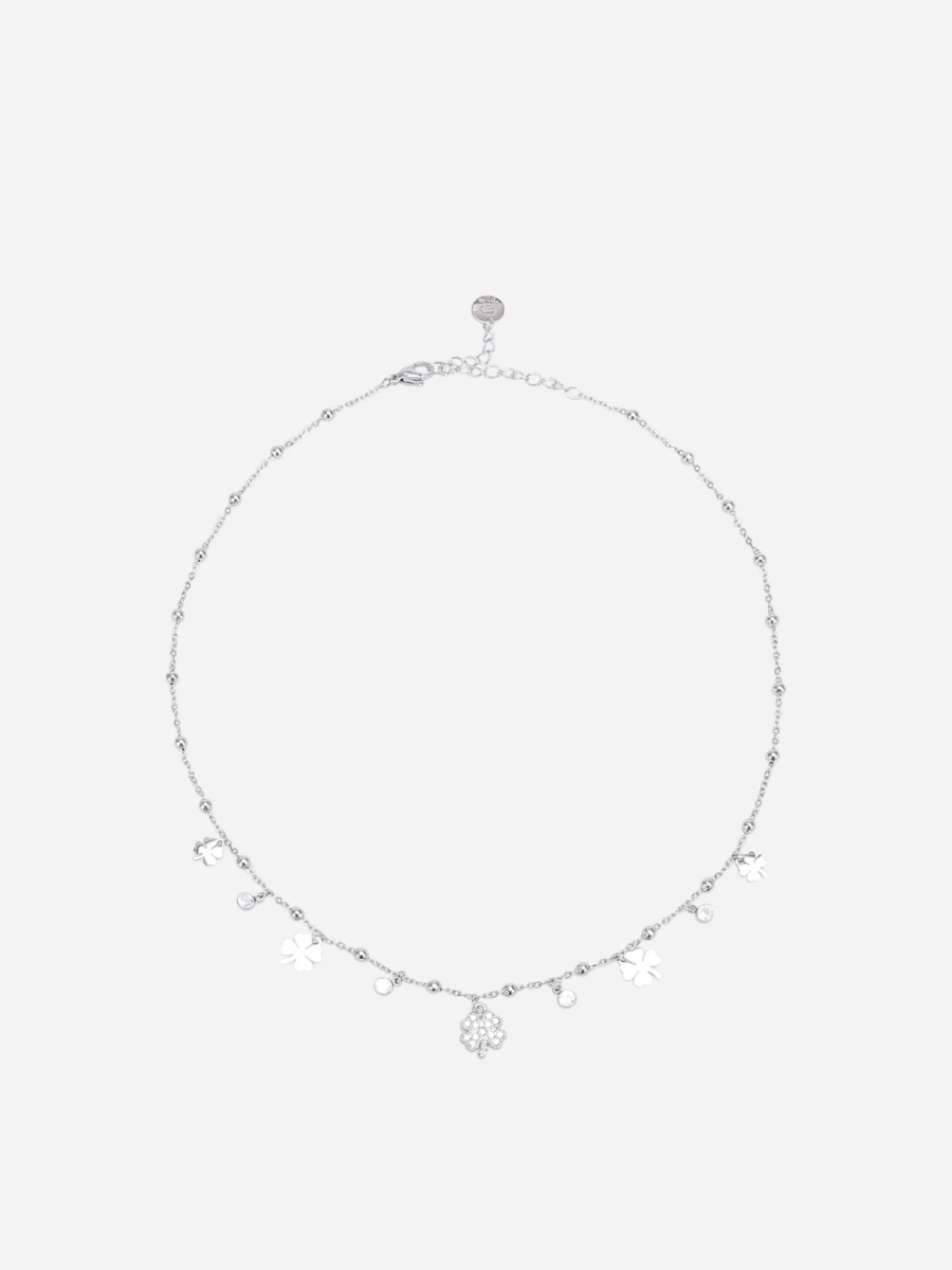 Collier ras du cou à strass et trèfles argenté