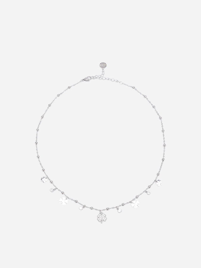 Collier ras du cou à strass et trèfles argenté