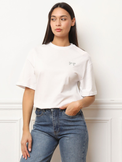 T-shirt basique avec nœud en strass blanc