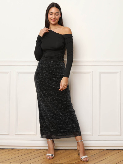 Jupe droite noire mi-longue à strass