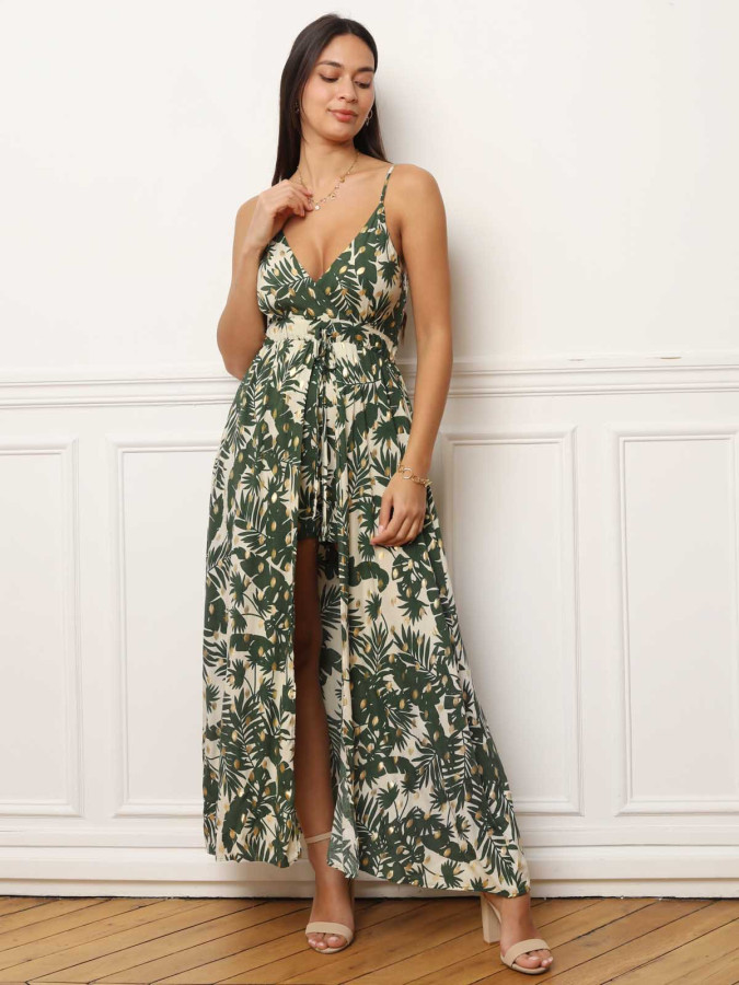 Combi-short jupe verte à motifs feuilles