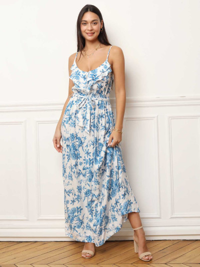 Robe longue bleue à bretelles et fleurs