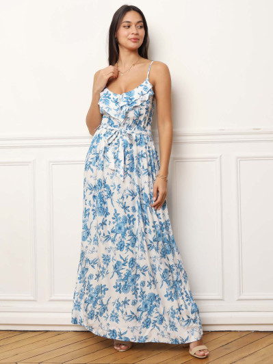 Robe longue bleue à bretelles et fleurs