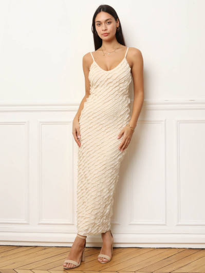 Robe longue écrue à mini volants