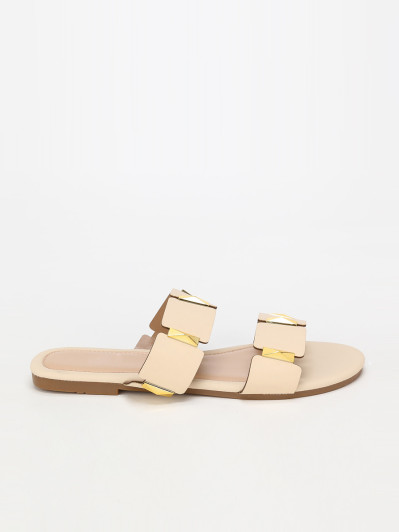 Mules plates beiges à brides et détails dorés grandes tailles