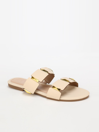 Mules plates beiges à brides et détails dorés grandes tailles