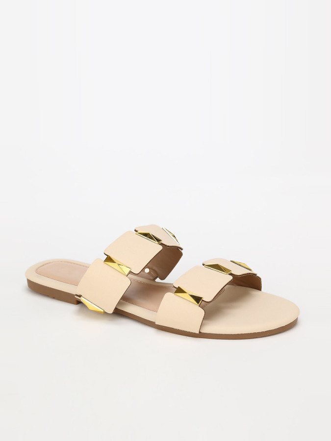 Mules plates beiges à brides et détails dorés grandes tailles