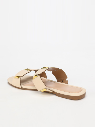Mules plates beiges à brides et détails dorés grandes tailles