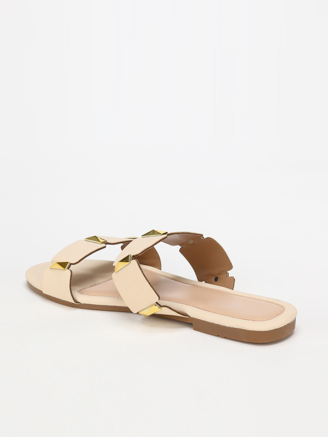 Mules plates beiges à brides et détails dorés grandes tailles