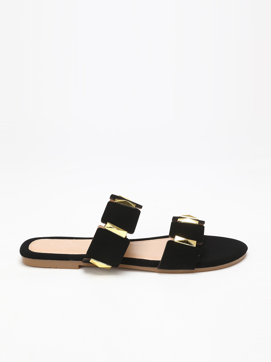 Mules plates noires à brides et détails dorés grandes tailles