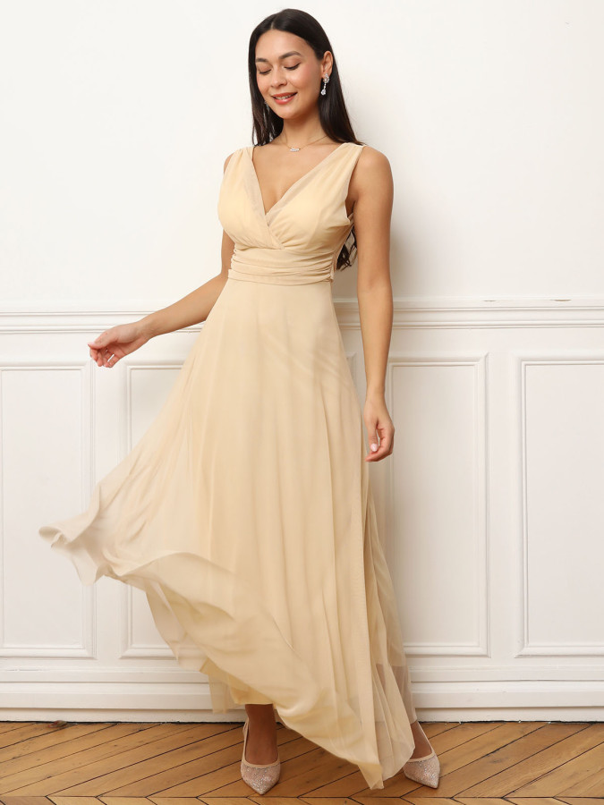 Robe de cérémonie évasée en tulle beige