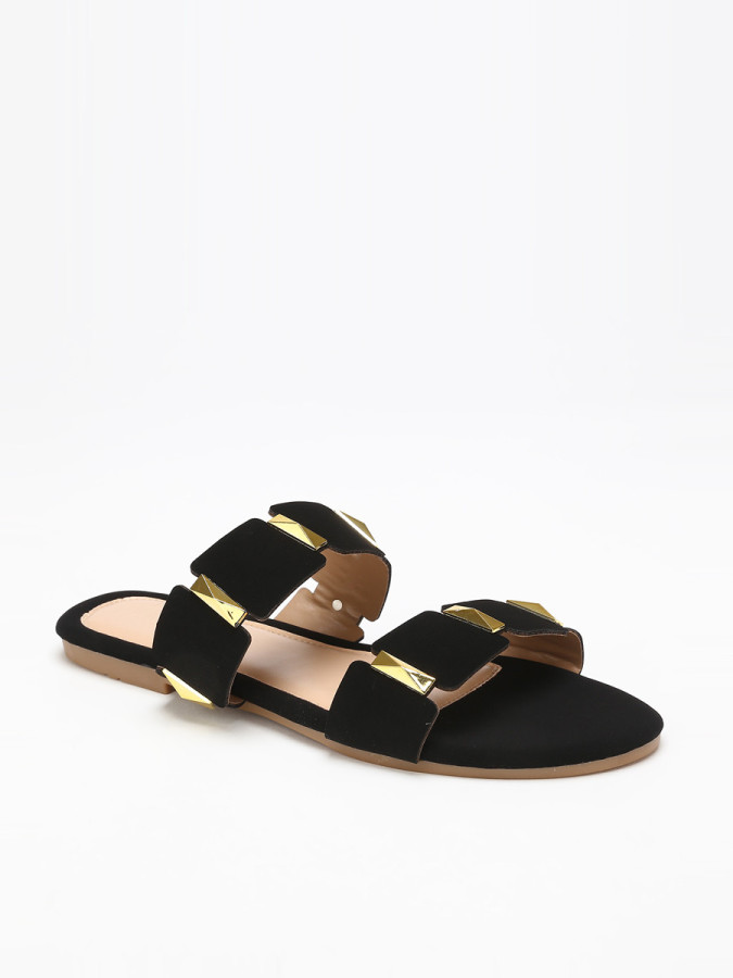 Mules plates noires à brides et détails dorés grandes tailles