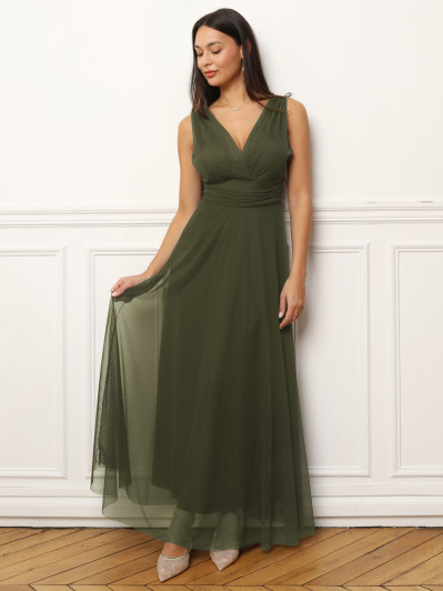 Robe de cérémonie évasée en tulle kaki
