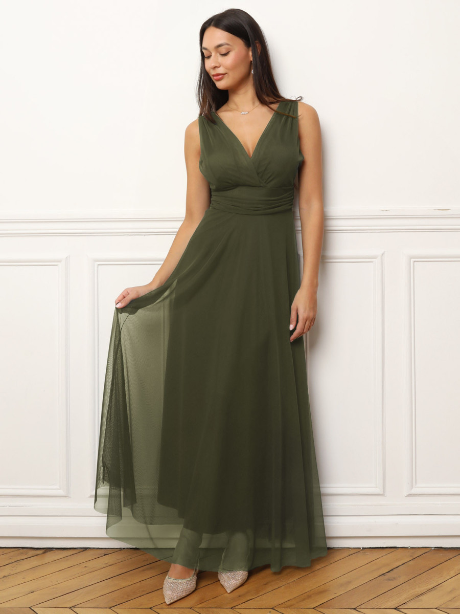 Robe de cérémonie évasée en tulle kaki