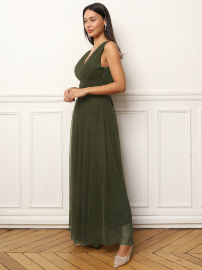 Robe de cérémonie évasée en tulle kaki