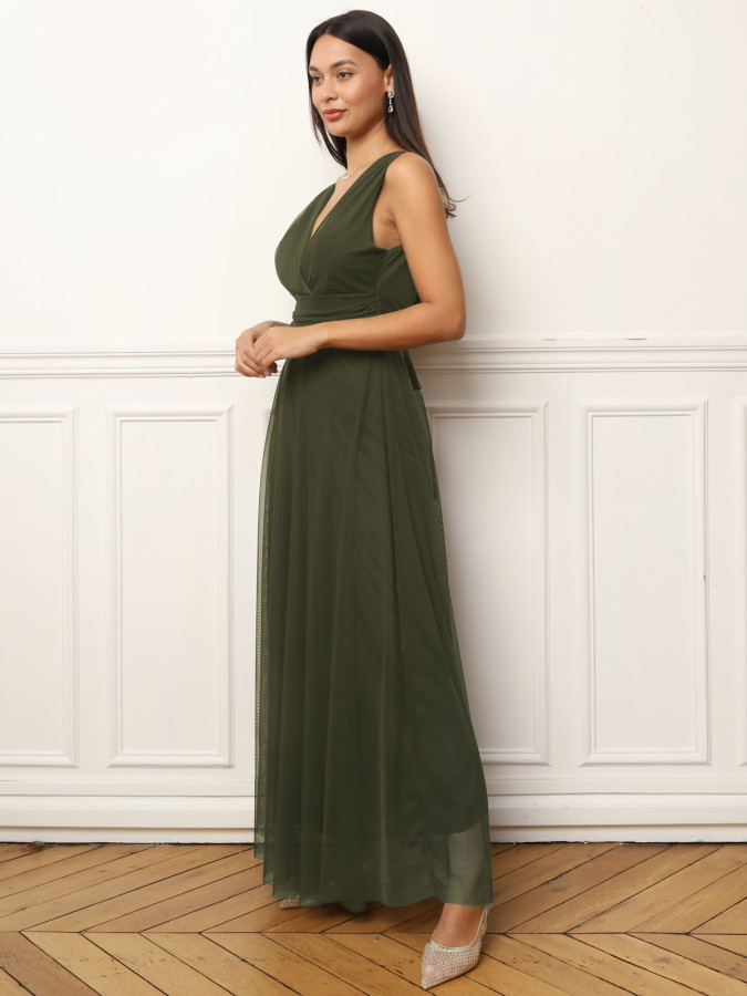 Robe de cérémonie évasée en tulle kaki
