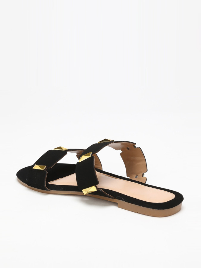 Mules plates noires à brides et détails dorés grandes tailles