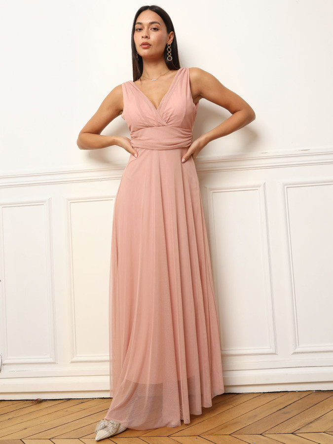 Robe de cérémonie évasée en tulle vieux rose