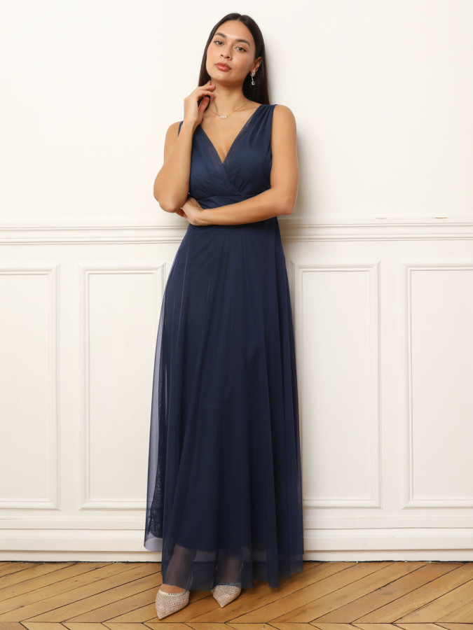 Robe de cérémonie évasée en tulle bleu marine