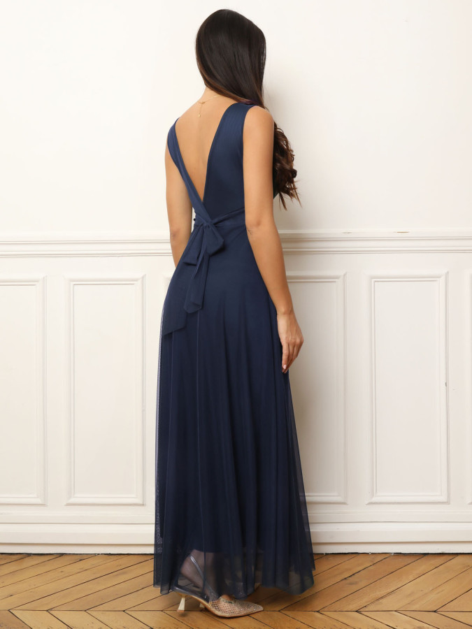Robe de cérémonie évasée en tulle bleu marine