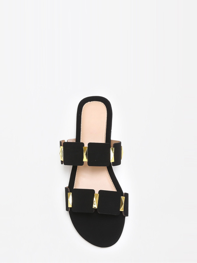 Mules plates noires à brides et détails dorés grandes tailles