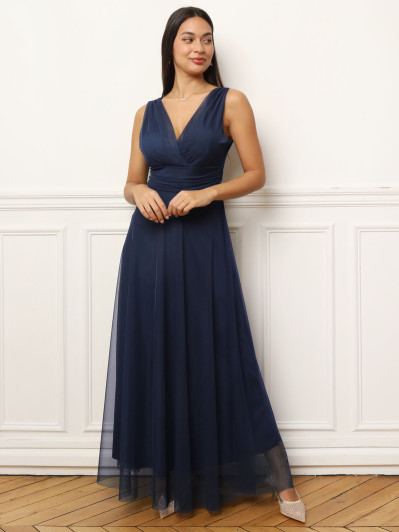 Robe de cérémonie évasée en tulle bleu marine