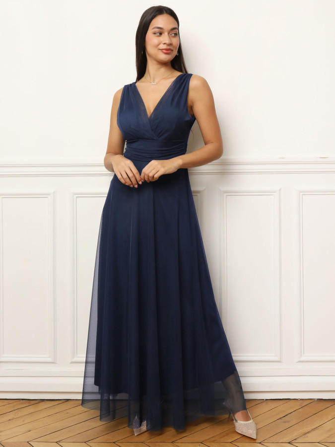 Robe de cérémonie évasée en tulle bleu marine